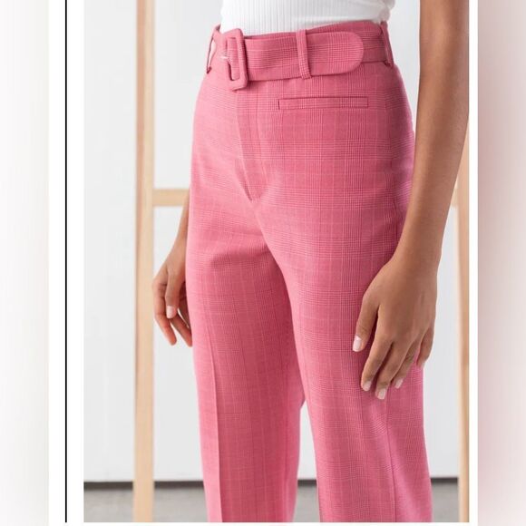 & OTHER STORIES Belted Plaid Kick Flare Trousers Pink Wool Blend- Size 6 - Picture 3 of 13